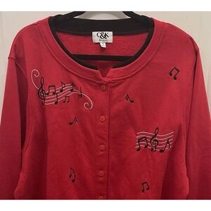 C&K Designs Music Notes Red Fleece Cardigan Button‎ Up Jacket Size 1X